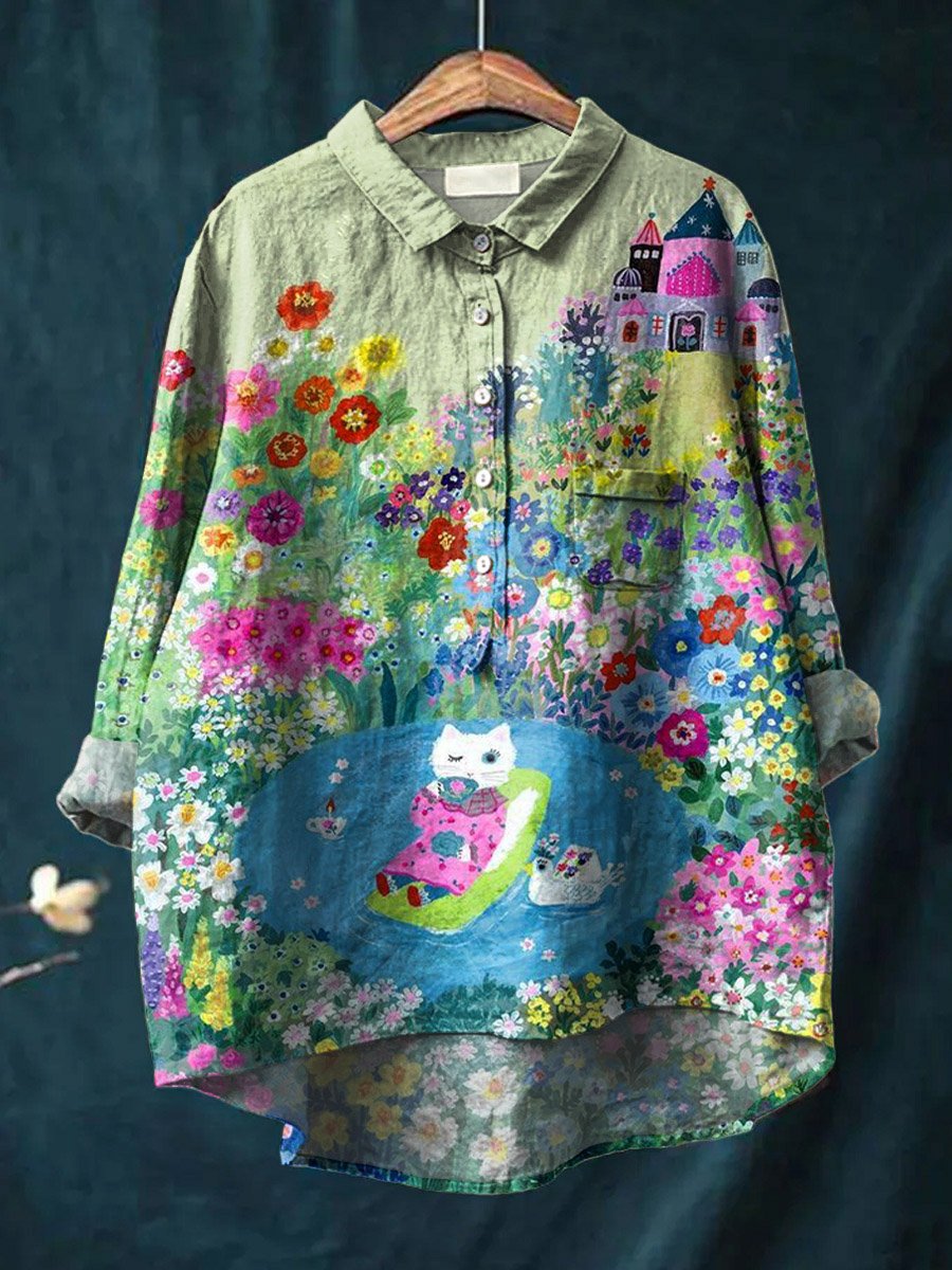 Vintage Lovely Cat Floral Art Print Casual Cotton And Linen Shirt