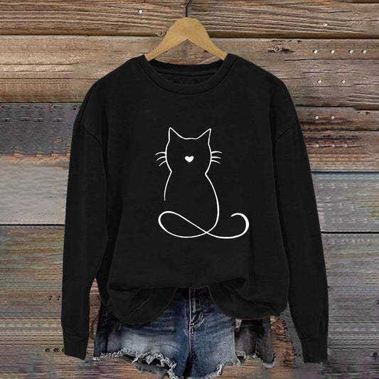 Comstylish Funny Line Love Cat Print Casual Crew Neck Sweatshirt