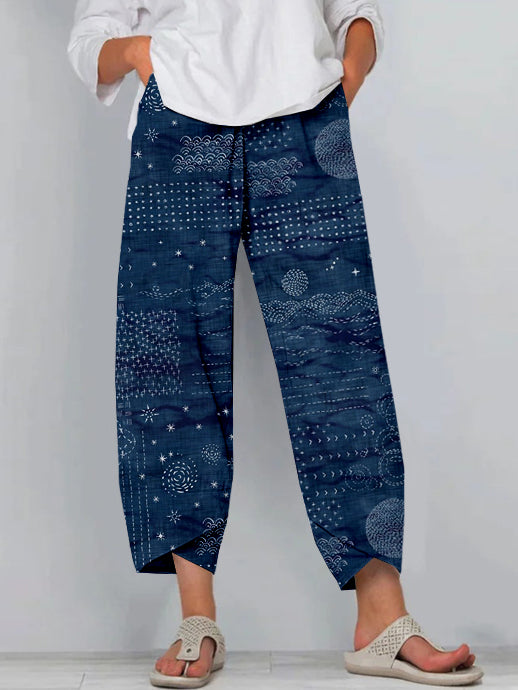 Comstylish Vintage Japanese Sashiko Art Linen Blend Cropped Casual Pants