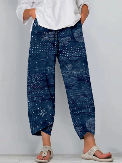 Comstylish Vintage Japanese Sashiko Art Linen Blend Cropped Casual Pants