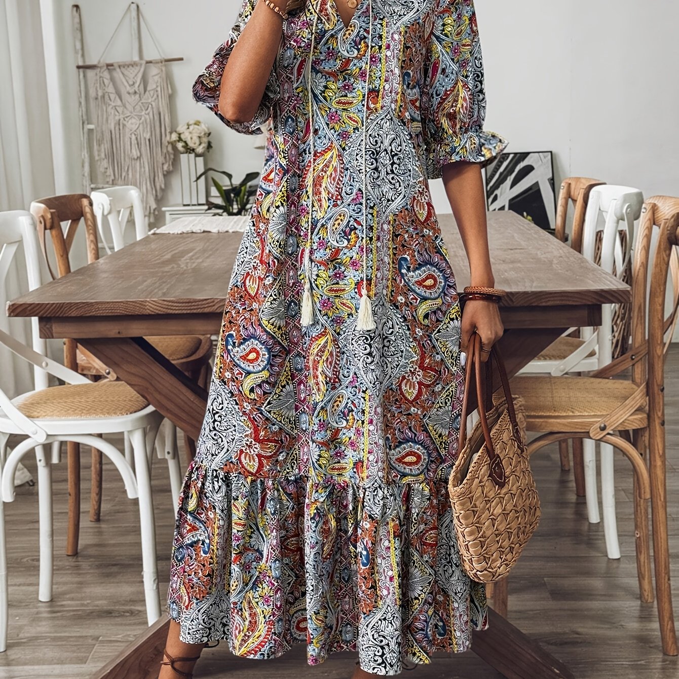 Elegant Boho Paisley Print Midi Dress for Women - V-Neck, Half Sleeve, Non-Stretch Polyester, Machine Washable - Perfect for Spring & Fall