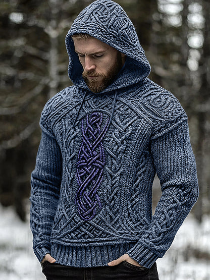 Men's Viking Jacquard Celtic Inspired Cozy Knit Hooded Sweater artswardrobe