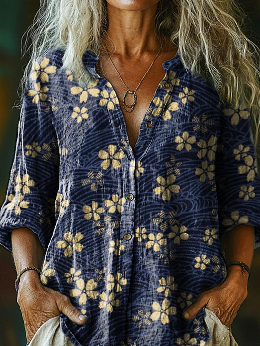 Women's Vintage Floral Art Print Casual Cotton Linen Shirt