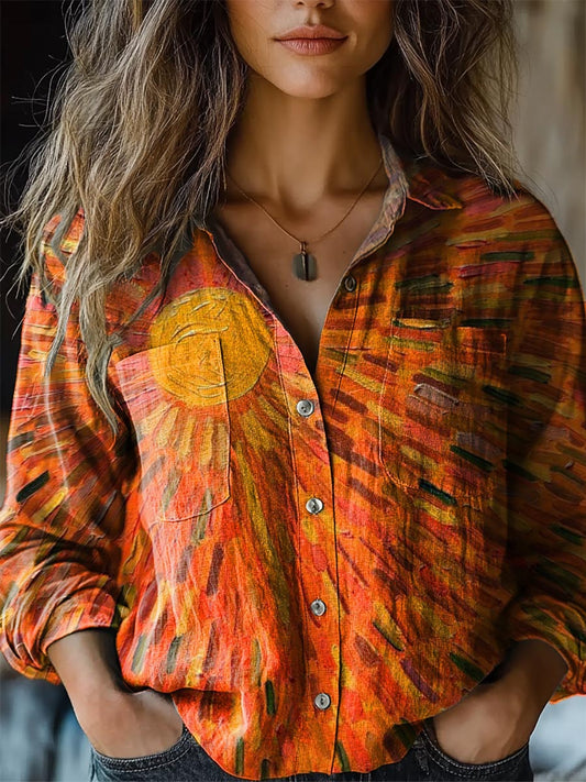 Women's Colorful Sun Print Casual Long Sleeve Comfortable Cotton Shirt