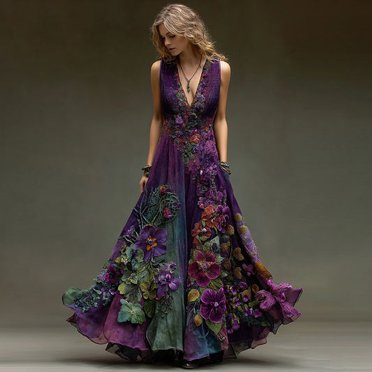 Vintage Embroidered Pansy Floral Belt Vest Maxi Dress artswardrobe