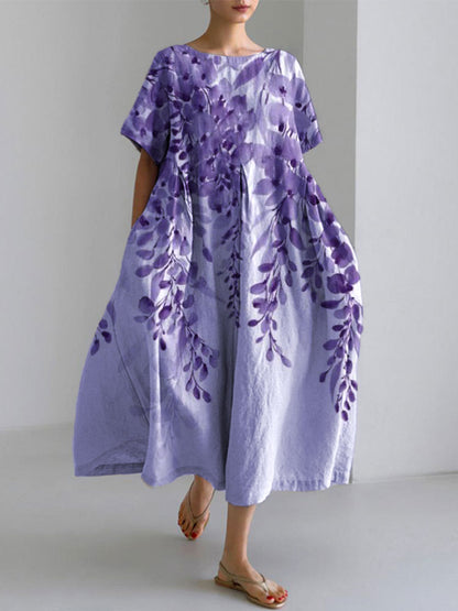 Comstylish Japanese Art Plants And Flowers Print Cotton Blend Dress