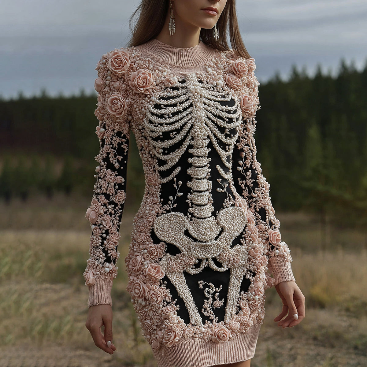 Comstylish Women's Halloween Skeleton Bones With Rose Art Cozy Knit Mini Sweater Dress