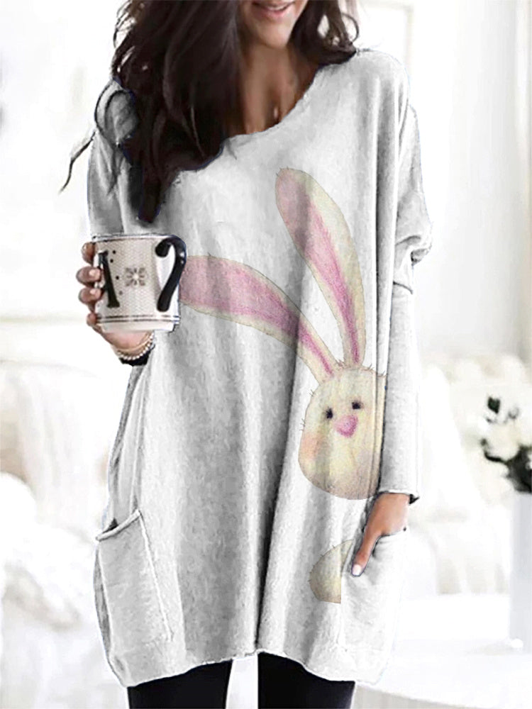 Cute Bunny Print Casual Cozy Long T-Shirt artswardrobe