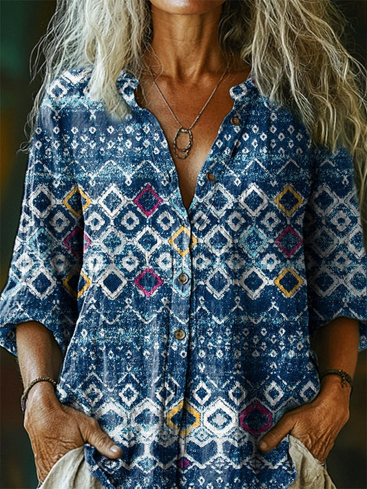 Women's Ethnic Tattoo Pattern Art Print Linen Cotton Casual Shirt