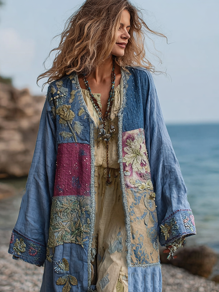 Comstylish Bohemian Style Plant And Flower Embroidery Printed Women's Cotton And Linen Long Cardigan