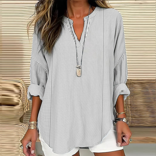 Comstylish Striped Print V-Neck Loose Shirt
