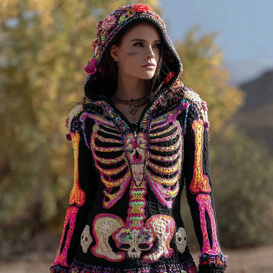 Day Of The Dead Inspired Skeleton Cozy Knit Hooded Sweater artswardrobe