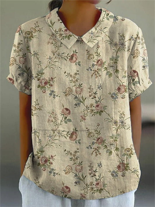 Vintage Style Small Rose Pattern Printed Women's Casual Cotton And Linen Shirt