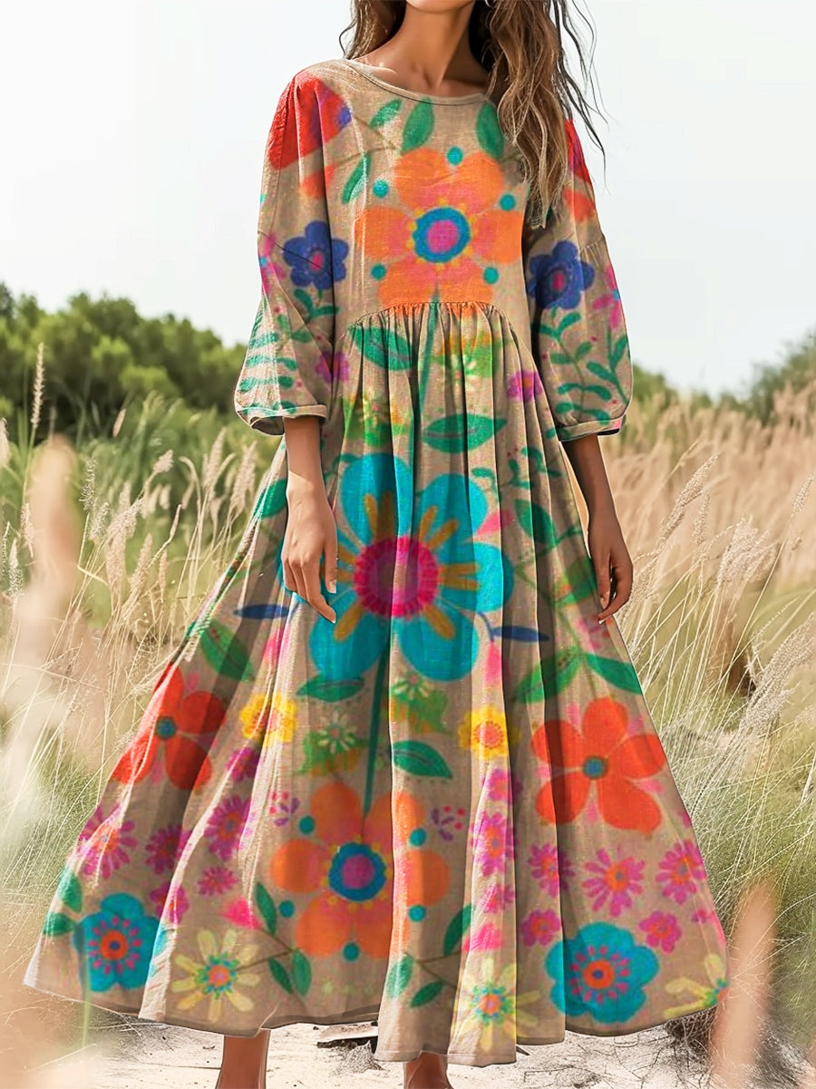 Women's Bohemian Floral Art Print Flowy Cotton Crew Neck Dress
