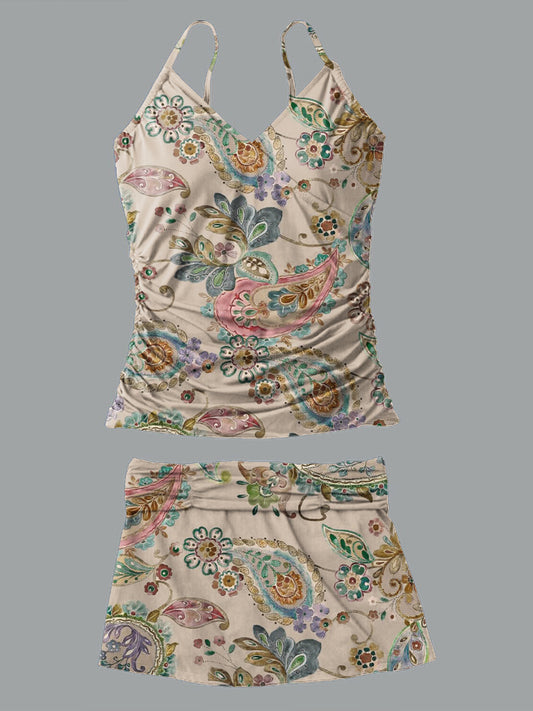 V-Neck Vintage Floral Art Print Suspender Skirt Tankini Pantskirt Set Swimsuit