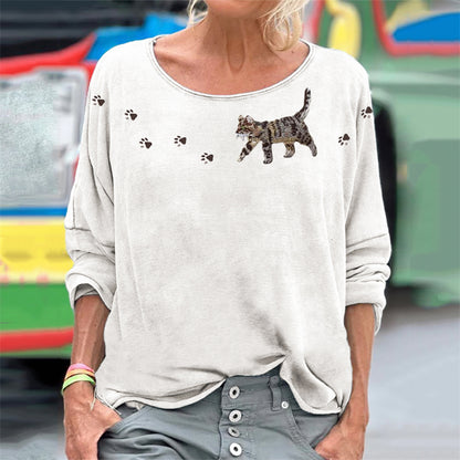 Cat & Paw Prints Yoke Embroidered Washed T Shirt elevenforest