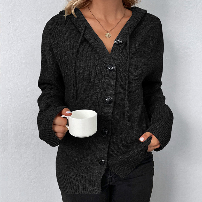 Solid Color Single Breasted Hooded Drawstring Sweater Cardigan elevenforest