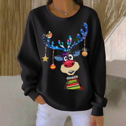 Comstylish Women's Christmas Elk Print Crew Neck Long Sleeve Sweatshirt