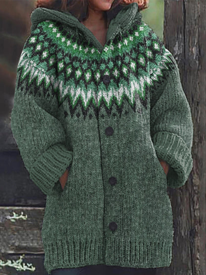 Retro Geometric Contrast Pattern Hooded Sweater Cardigan elevenforest