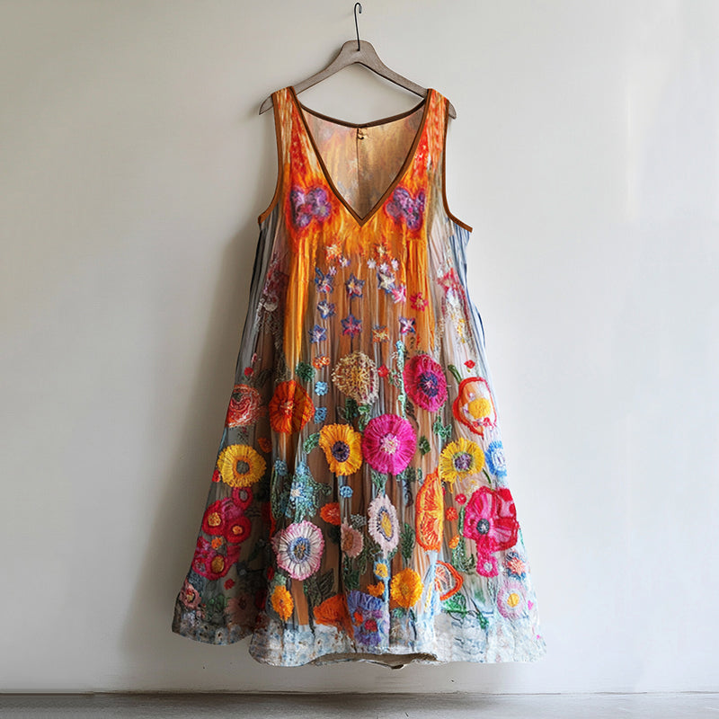 Women's Color Block Rainbow Floral Comfort Contrast Color Dress artswardrobe