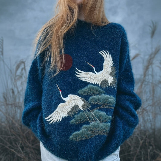 Japanese Cranes & Pine Embroidered Cozy Knit Sweater artswardrobe