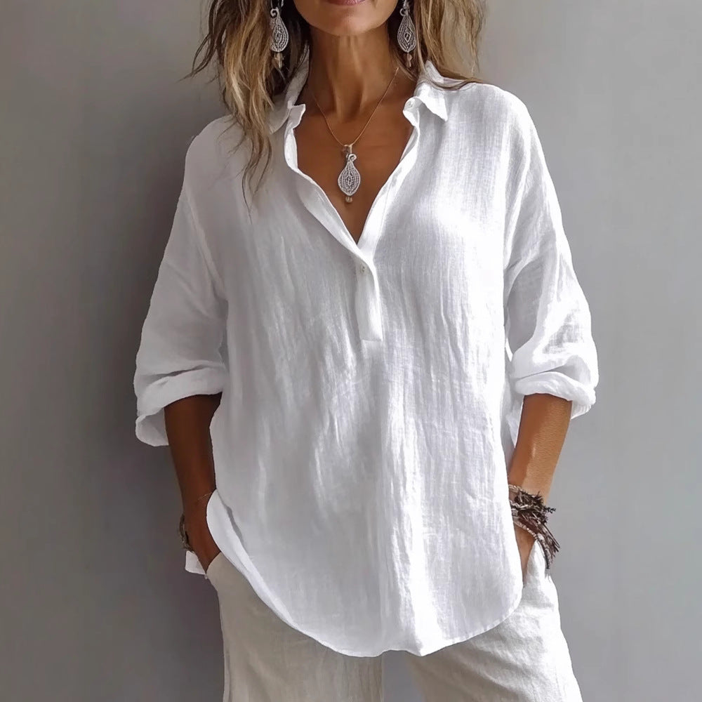 Comstylish Women's Retro V Neck Cotton Linen Comfy Shirt