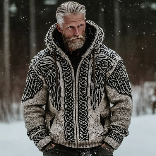 Men's Viking Celtic Wings Full Zip Chunky Knit Hoodie elevenforest