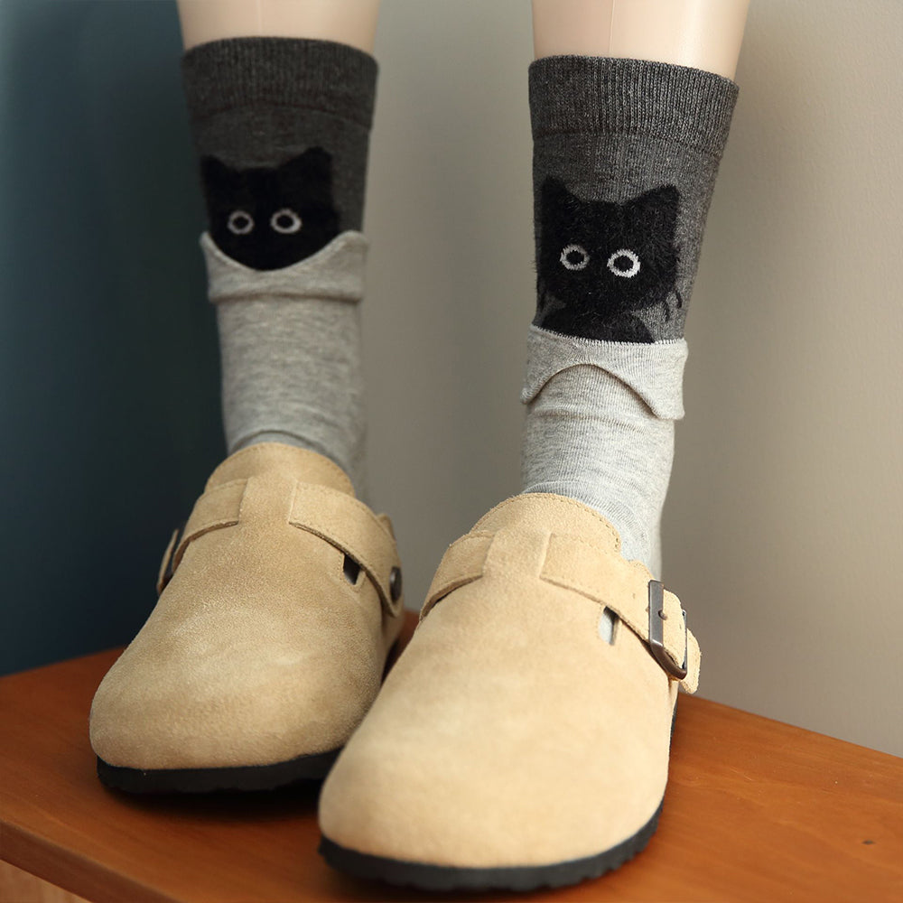 Comstylish Funny Cat Pattern Cozy Knit Mid-calf Socks