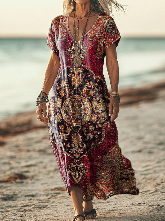Women's Ethnic Tattoo Pattern Art Print Pocket Cotton Dresses