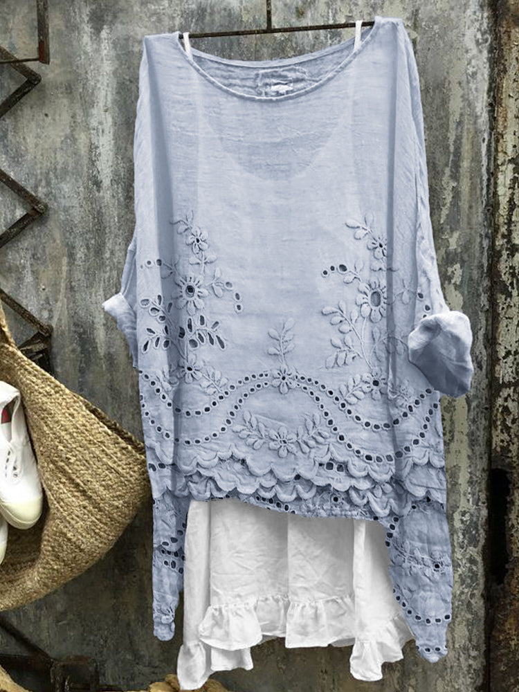 Comstylish Cottage Floral Embroidered Lace Hem Linen Blend Tunic
