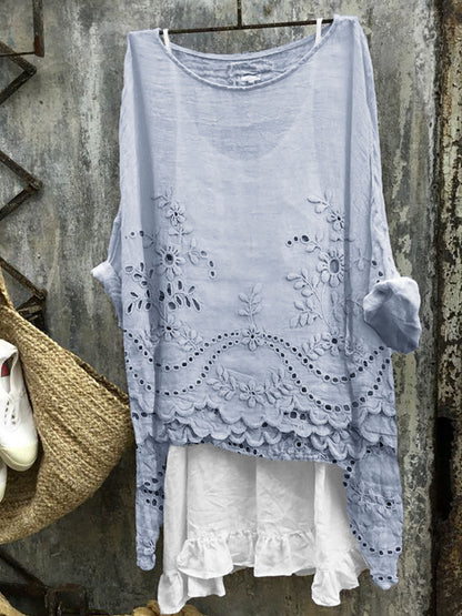 Comstylish Cottage Floral Embroidered Lace Hem Linen Blend Tunic