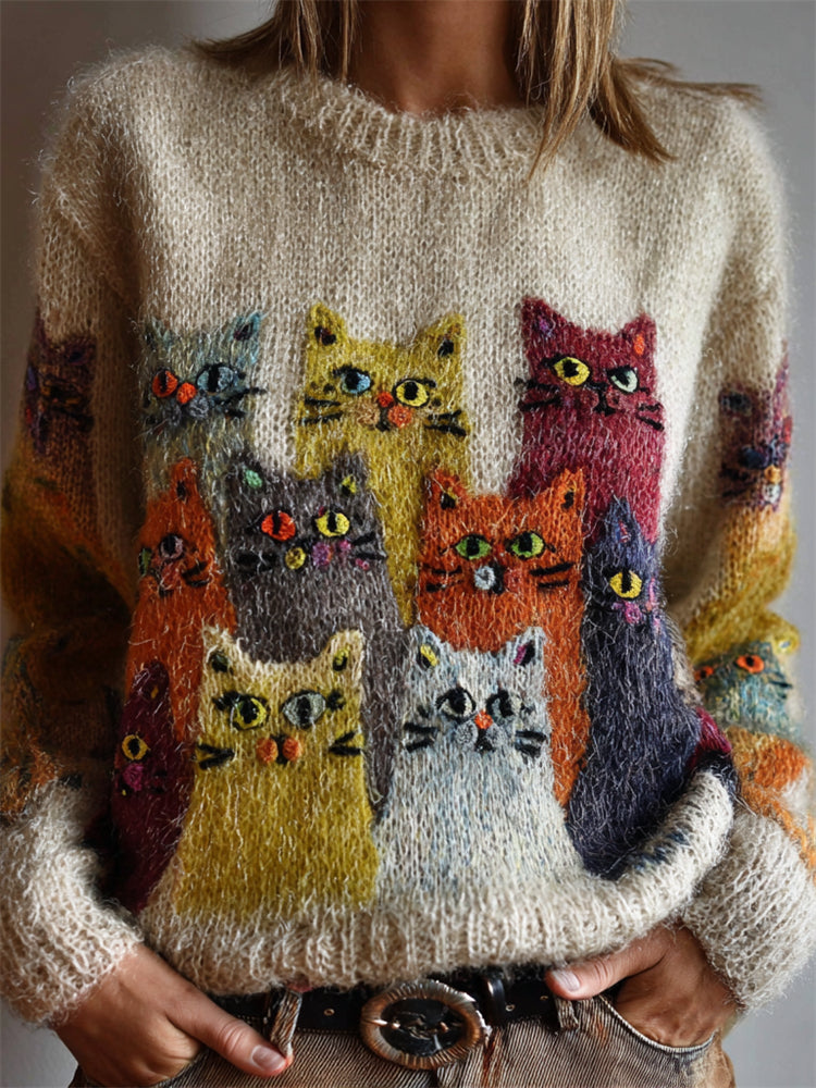 Vintage Colorful Crowded Cats Cozy Knit Sweater elevenforest