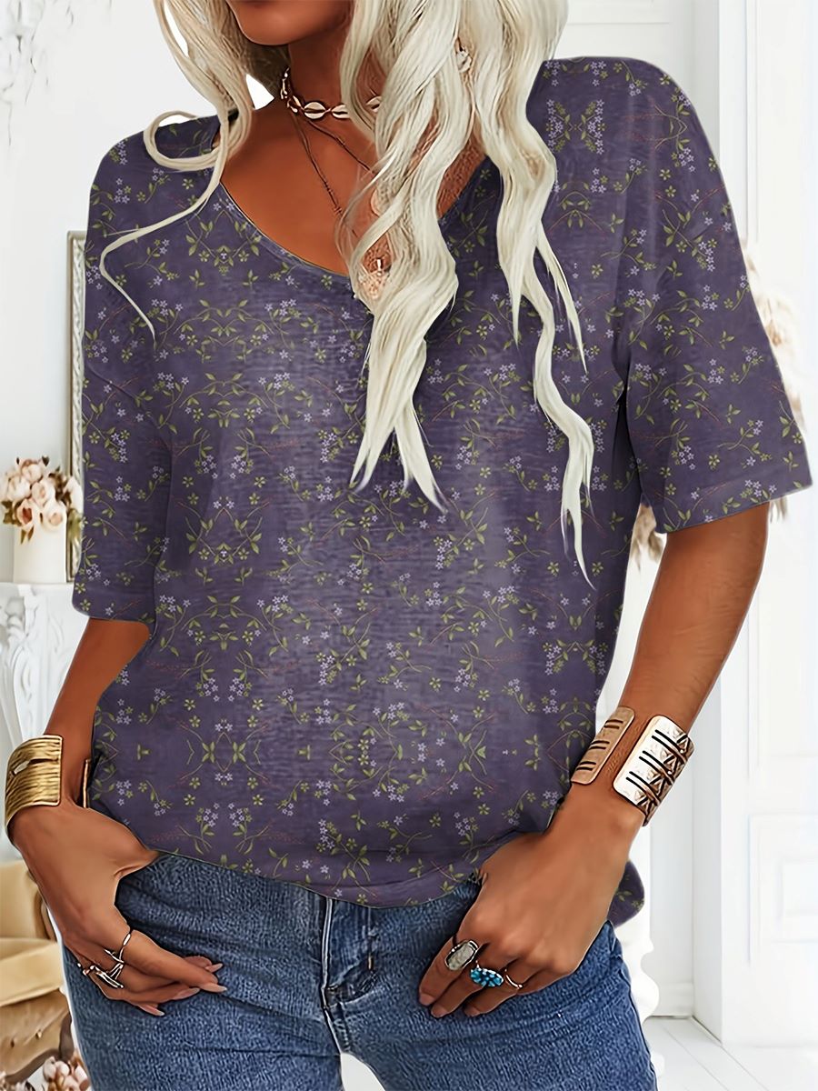 Women's Floral Art Print 100% Cotton V-Neck T-Shirt