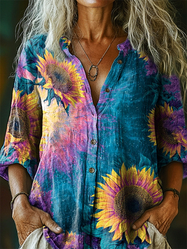 Women's Vintage Sunflower Pattern Art Print Casual Cotton Linen Shirt
