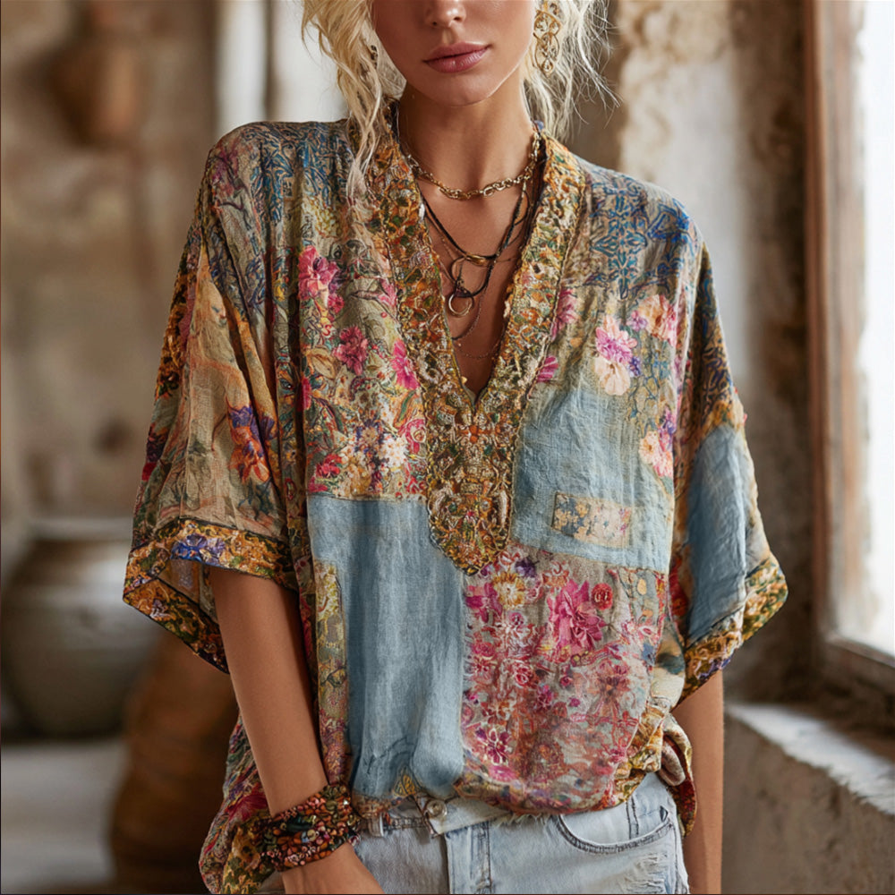 Three-dimensional Embroidery Rare Item Flower Vintage Tie-dye V-neck Short-sleeved Shirt artswardrobe