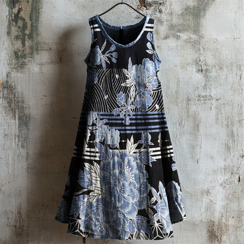 Comstylish Floral Japanese Traditional Pattern Linen Tank Dress