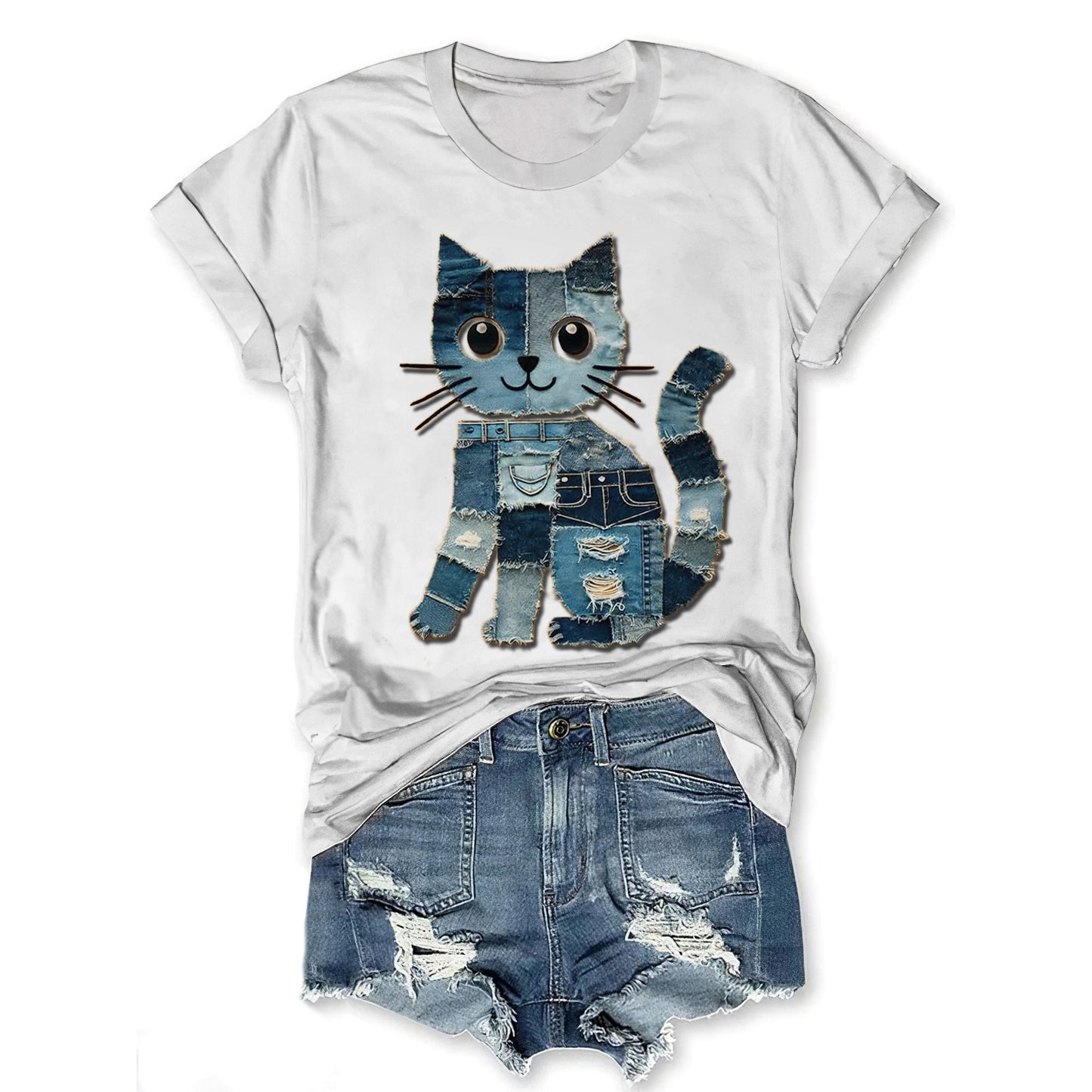 Comstylish Women's Cat Denim Patchwork Print T-shirt