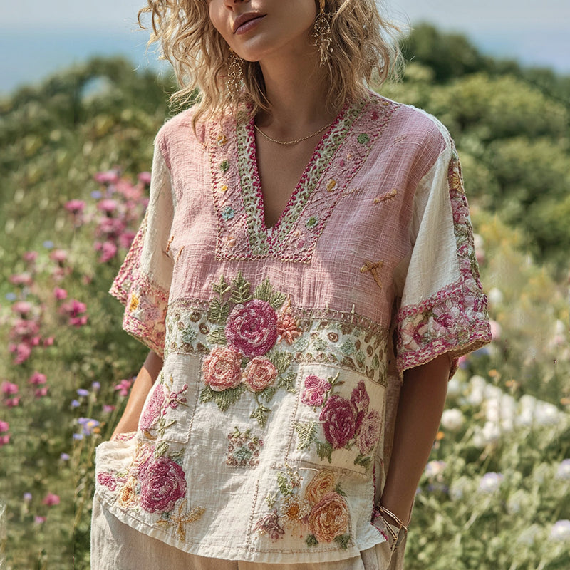 Women's Bohemian Contrast Patchwork Floral V-neck T-shirt artswardrobe