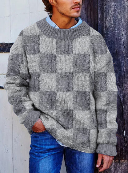 Vegan Mock Minimalist Knit Pullover Sustainable Plaid Patchwork Warmth Knitted Jacquard Unisex Sweater artswardrobe
