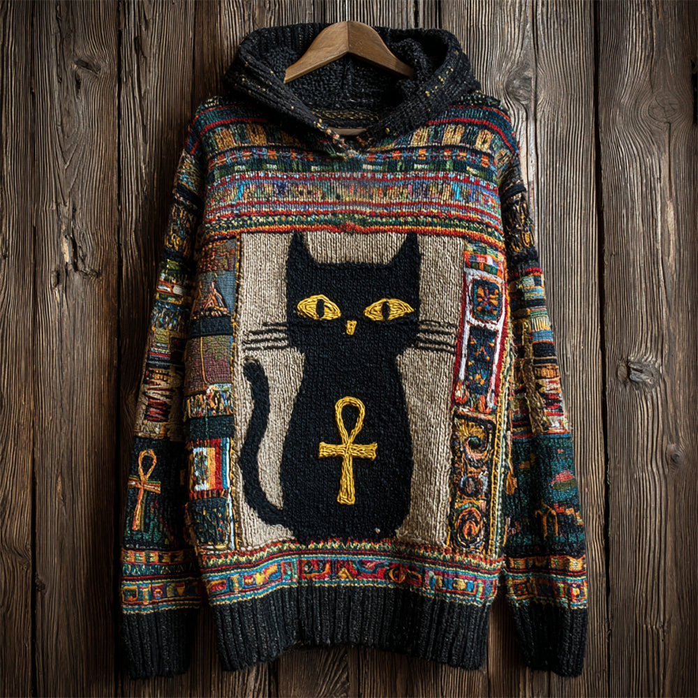 Egyptian Ankh & Cat Women's Hooded Sweater elevenforest