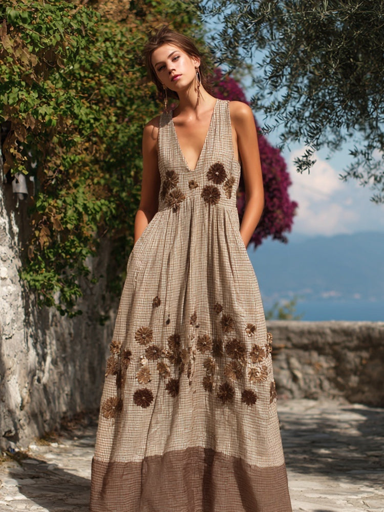 Vintage Daisies Embroidered Coffee Plaid Linen Maxi Dress artswardrobe