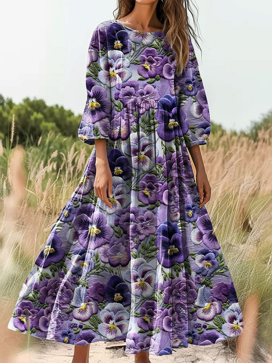 Women's Floral Art Print Flowy Cotton Crew Neck Dress