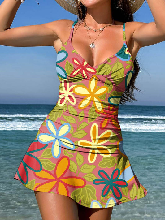 V-Neck Vintage Flowers Print Suspender Skirt Tankini Pantskirt Set Swimsuit