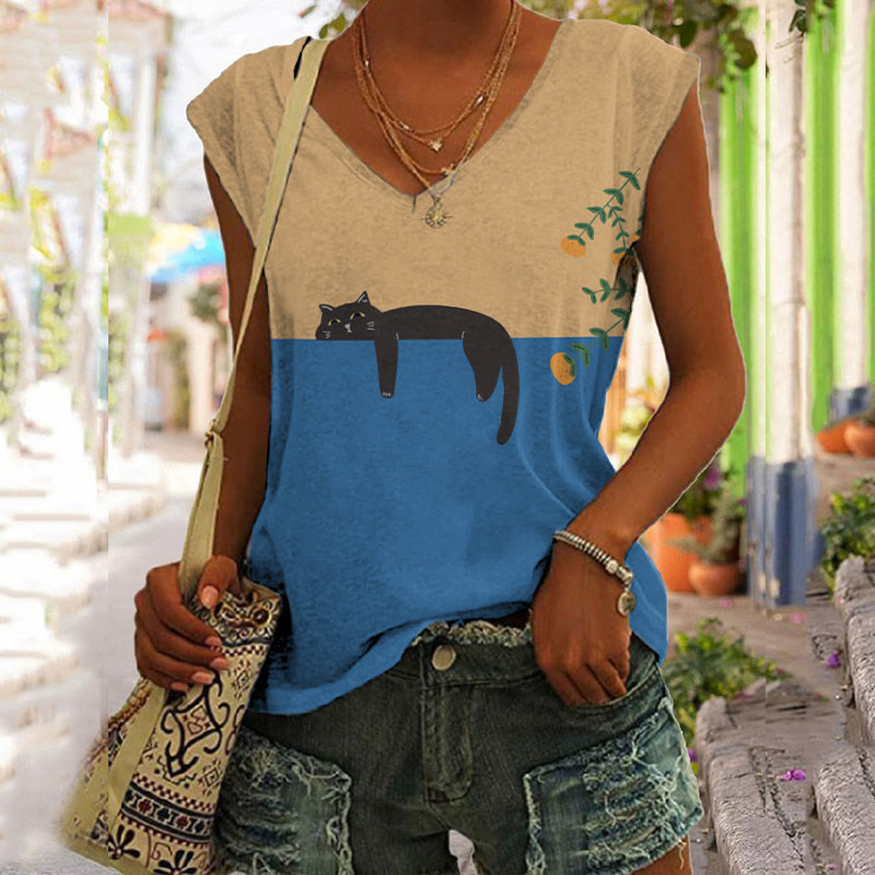 Comstylish Abstract Creative Lazy Black Cat Art Painting Art Tank Top