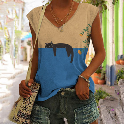 Comstylish Abstract Creative Lazy Black Cat Art Painting Art Tank Top