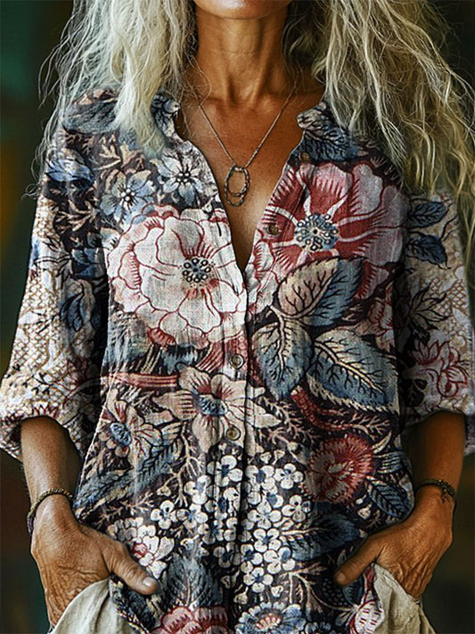 Women's Vintage Floral Pattern Art Print Linen Cotton Casual Shirt