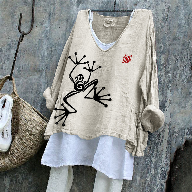 Comstylish Tree Frog Japanese Lino Art Linen Tunic