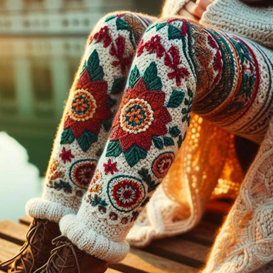 Vintage Colorblock Crochet Patchwork Floral And Leaf Cozy Knit Leggings artswardrobe
