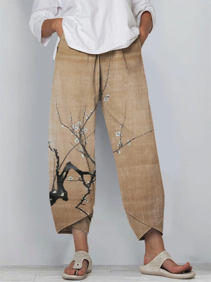 Comstylish Simple Plum Blossom Japanese Art Linen Blend Cropped Pants