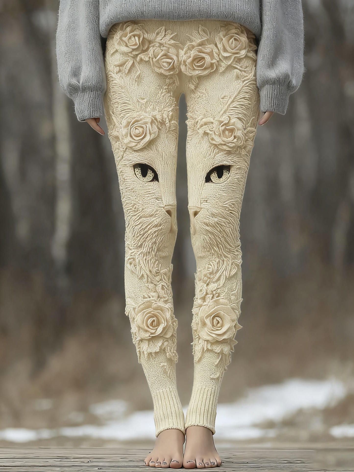 Vintage Cute Cat Face With Roses Art Embroidered Cozy Knit Leggings elevenforest